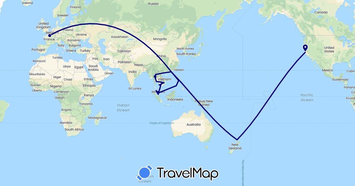 TravelMap itinerary: driving in France, Hong Kong, Cambodia, Malaysia, New Zealand, Philippines, Thailand, United States (Asia, Europe, North America, Oceania)